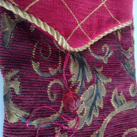 Christmas / Holiday Stocking Decoration in Burgundy, Vintage Style Gold Leaves - Picture 2 of 4